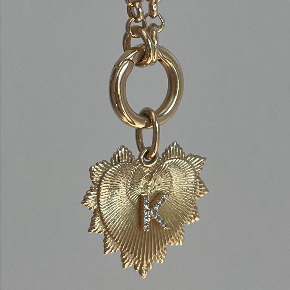 14k solid Gold Heart and Diamond K Pendant Necklace, Foundrae inspired